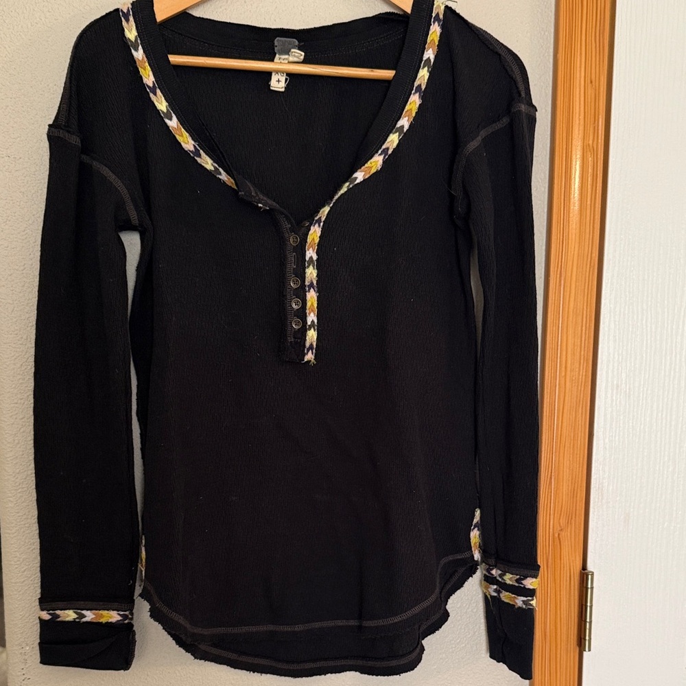FP Movement by Free People Black Long Sleeve Top with Multicolor Trim